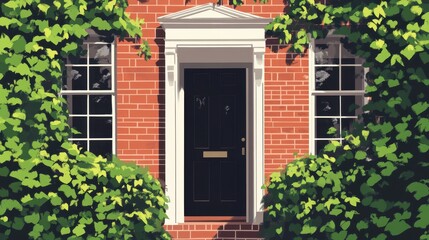 A brick facade features a dark door and leafy green bushes
