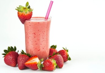 Drinking Fresh Strawberry Smoothie with Straw and Ripe Fruit Garnish