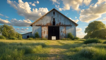 Classic rustic barn with a metal exterior beneath an open sky, representing the charm and simplicity of rural farm life.