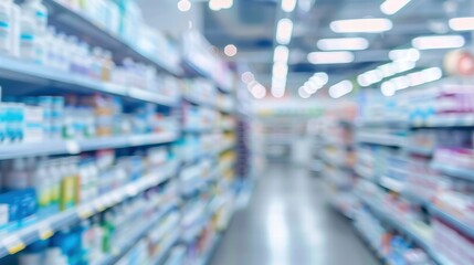 Retail pharmacy store with blurred interior and stocked shelves.