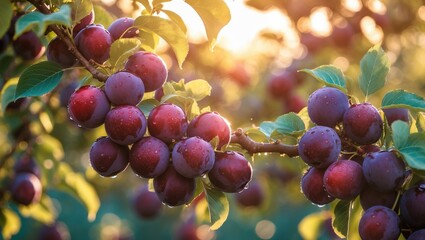 Bunches of mature plums develop on tree branches beneath the sun.