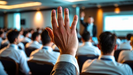 Businessperson Raising Hand at a Conference.