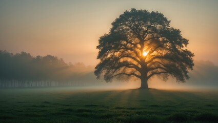 Tree in morning mist with sun rays representing funeral and green funerals concept.