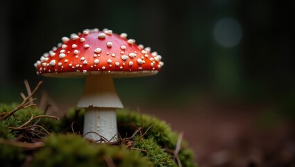 toadstool on forest ground surrounded by fir needles