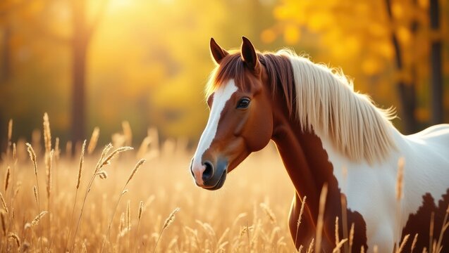 Portrait of a paint horse positioned in tall grass during autumn.