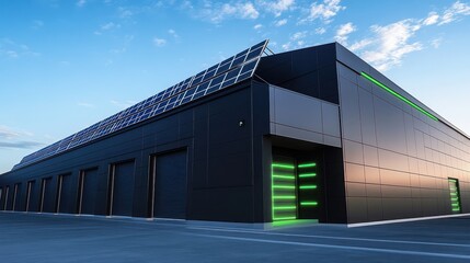 A modern warehouse with a sleek dark gray exterior and solar panels on the roof, featuring neon green accents