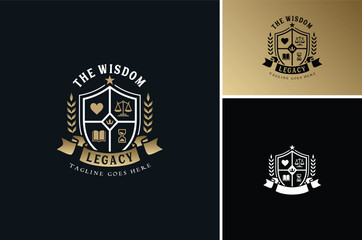 Heart Love, book, justice scales, King Queen Crown, Hour Glass and scroll ribbon for Family Wisdom Legacy Emblem or Kingdom Realm Coat of Arms or School University Classic Badge logo design 