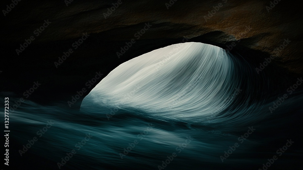 Wall mural a large wave emerging from a cave into a body of water with a light illuminating its side