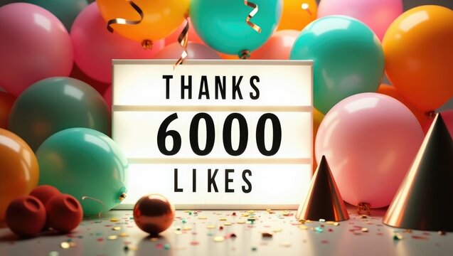 Celebration of followers with a lightbox background displaying "Thanks 6000 likes" on social media.