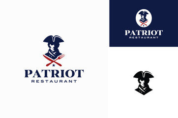Classic Continental American Patriot Face Silhouette. Vintage United States Revolution War Army Soldier with Fork and Knife for Historical Restaurant Logo Design
