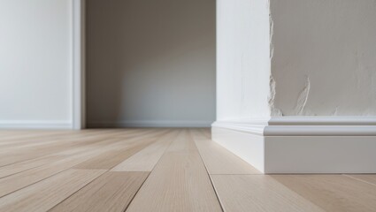 Fototapeta premium Wooden or plastic white floor plinth installation in large empty room with wooden floor and white plastered stucco walls backdrop. Interior details.