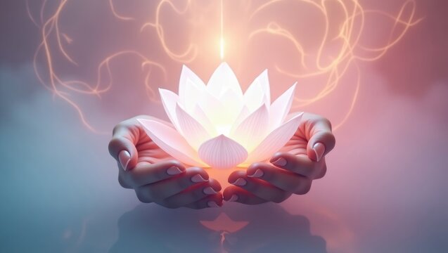 The Sacred Lotus - a womanâ€™s hands cupped with a glowing symbol hovering above on an energetic background