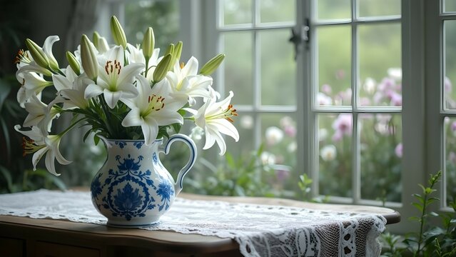 Lilies in blue and white pitcher in front of window