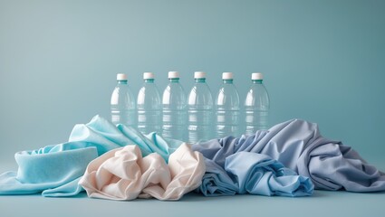 Plastic recycling and reuse idea. An empty plastic bottle alongside various fabrics composed of recycled polyester synthetic fiber on a blue backdrop. Waste recycling for environmental protection.