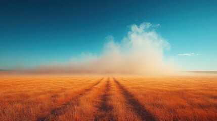 Misty Sunrise Path Through Golden Field