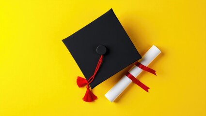 Aerial view of mortarboard and diploma placed on a background, education concept.