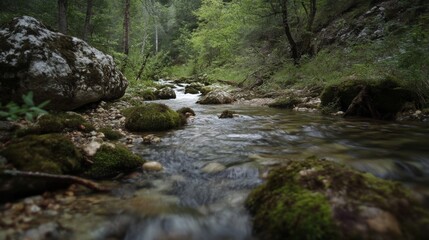 Obraz premium Tranquil Forest Stream Flowing Through Lush Greenery and Rocks