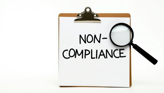 Bold non-compliance text on a document alongside a magnifying glass against an isolated background. Business and financial concept for enhancement through the implementation of audit and quality ma...