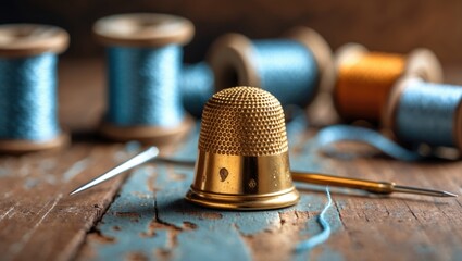 Close-up of a thimble and needles for sewing on a background of thread spools. Macro.