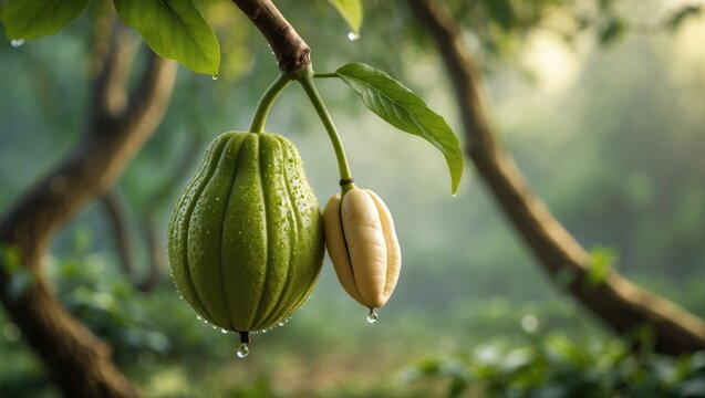 The guava mente fruit, also known as monkey guava, is young and green, still connected to the stalk.