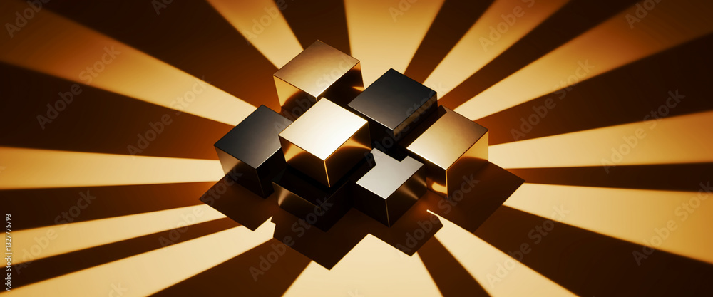 Aufkleber Abstract image of gold and black cubes arranged on a yellow surface with radiating light creating shadows, showcasing a modern and elegant display, ideal for product presentation or design inspiration