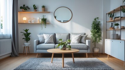 Interior of bright living room featuring a grey sofa, coffee table, and shelf units.
