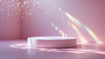 Abstract minimal scene - vacant stage, cylindrical podium against a soft backdrop with rainbow crystal light refraction sparkles. Pedestal for product and packaging mockups display presentation.