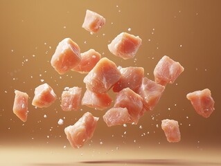 Chicken chunks, fresh, raw, a cube shaped piece of meat, flying in the air 