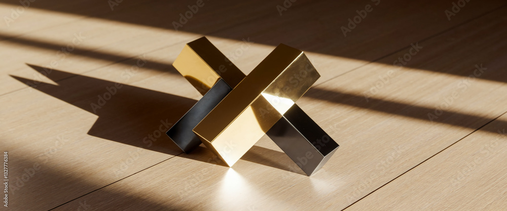 Poster intersecting gold and black rectangular shapes on light wood floor, casting shadows, showcasing mini