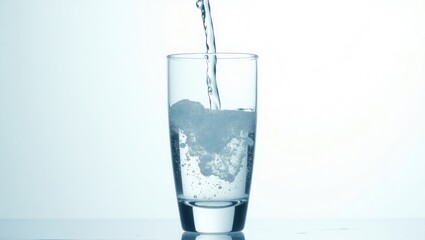 Pouring water into a glass against a white background. Close-up shot.