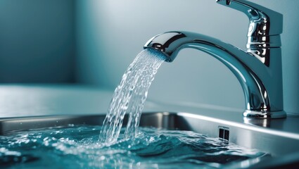 Close-up of faucet and water jet pouring into the sink. Observe the consistent flow, highlighting the clarity and force of water. The faucet delivers a steady and powerful stream.