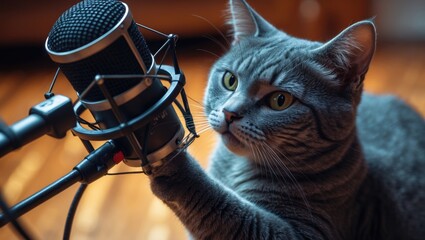The cat performs into the microphone. A cat holding a microphone. Humorous animals. Humorous cats.