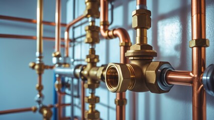 Fototapeta premium Plumbing service showing stainless steel piping of a heating system within a boiler room. Coarse brass filter present.