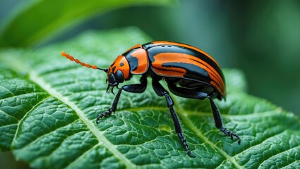 Fototapeta premium Colorado potato beetle consuming green potato leaves in close-up. Leptinotarsa decemlineata. Adult beetle, pest infestation, parasite damaging potato plants, agricultural harm. Plant protection con...