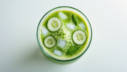 Iced matcha green tea latte against a white background.