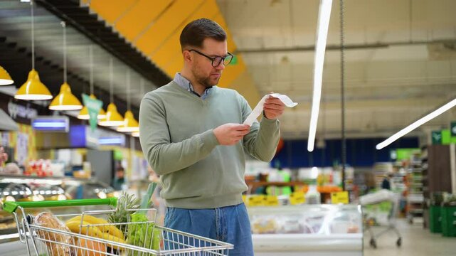 Man shocked by long grocery receipt and rising inflation