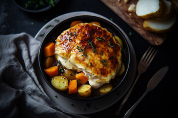 Chicken pie with potatoes, carrots, and creamy sauce