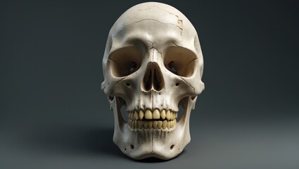 Fototapeta premium Human skull displayed in isolation, frontal view of a natural human skull against a plain background.