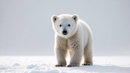 Polar bear cub, 3 months old, posing in front of a white background.
