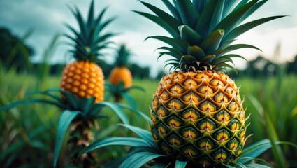 Sweet baby pineapple on its parent plant. Tropical plants, agricultural products suitable for food and processing into cakes or juice. A favorite fruit during summer.
