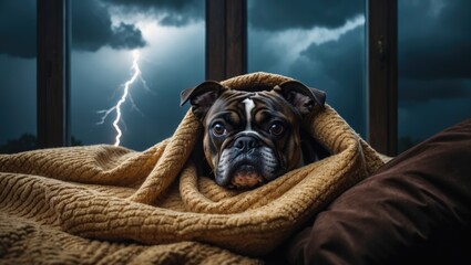 Fototapeta na wymiar The dog is scared of thunderstorms. Bulldog hiding beneath a blanket.