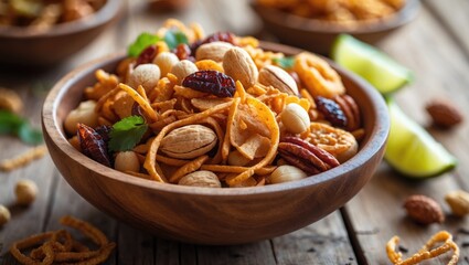 Fototapeta premium Traditional Indian deep-fried salty snack made from gram flour and combined with dry fruits.