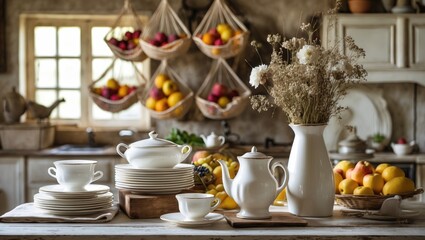 Interior of a rustic-style kitchen featuring white furniture and wooden decor in a bright indoor setting.