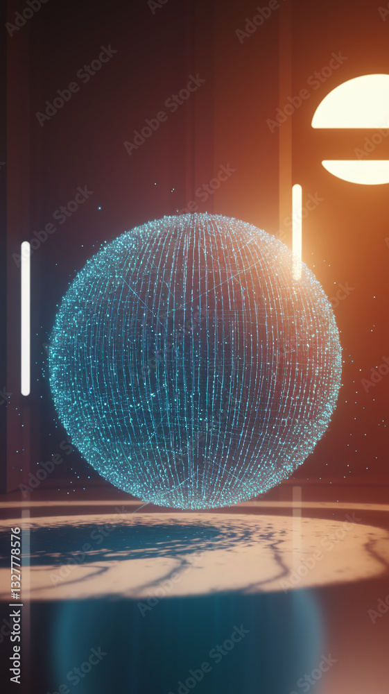 Poster glowing sphere of interconnected points, hovering above reflective surface, set against a warm-toned