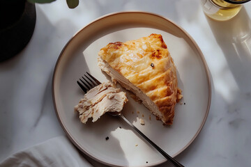 Chicken pate encased in a flaky crust that breaks apart with a fork