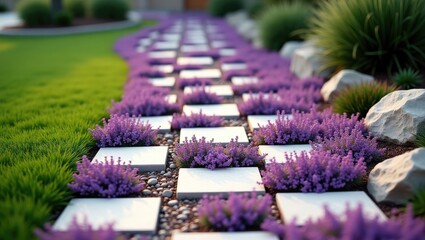purple creeping thyme flourishing among stepping stones, xeriscape patio
