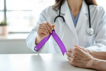 Female doctor in white coat with purple ribbon talking with patient. Alzheimer's disease, Pancreatic cancer, Hodgkin's Lymphoma awareness
