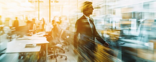 A businessman in a suit walks through a blurred office environment
