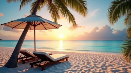 Tropical sunset scenery with two sun beds, loungers, and an umbrella beneath a palm tree. White sand and sea view with horizon, colorful twilight sky, calmness and relaxation. Inspiring beach resort.