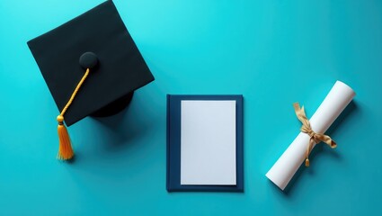 Bird's-eye view of book, graduation mortarboard and diploma set against a blue background.